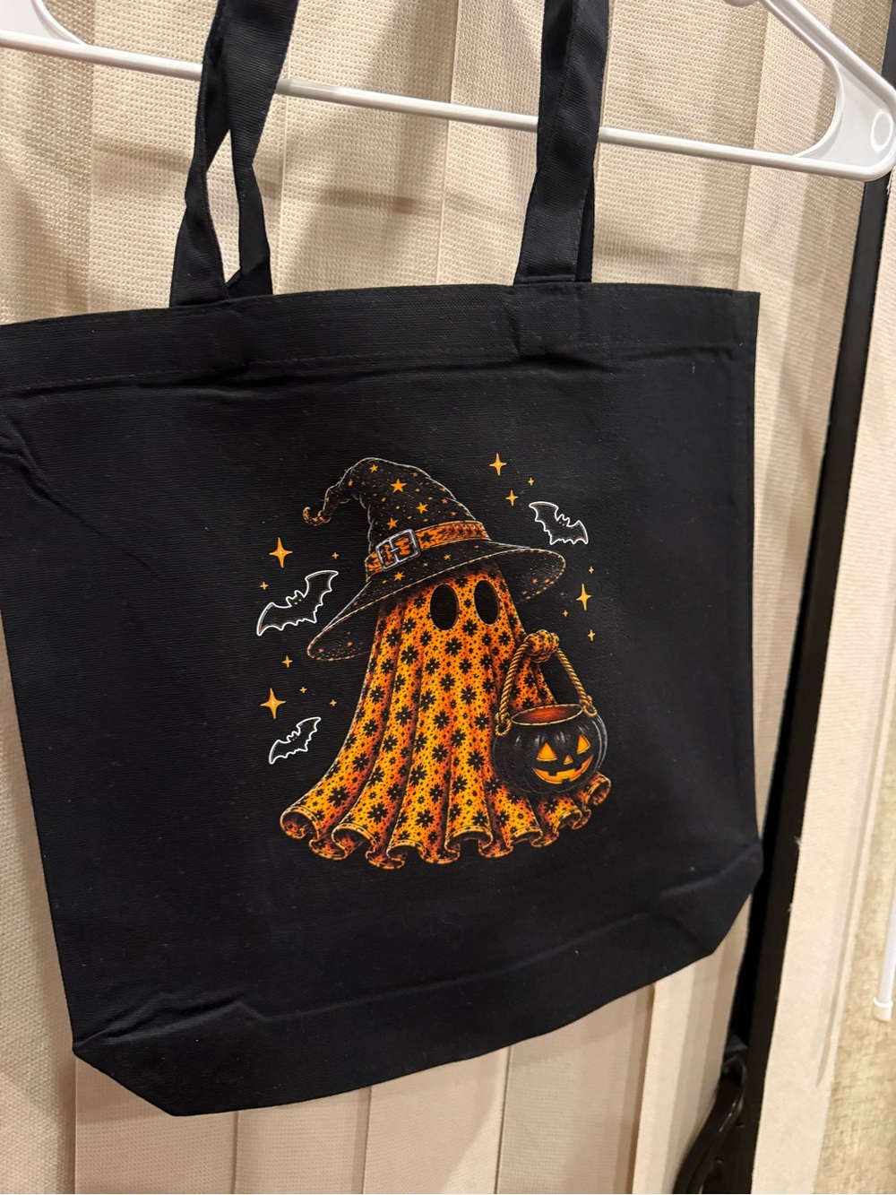Source Unknown Black Tote with Orange Halloween Ghost and Pumpkin Design